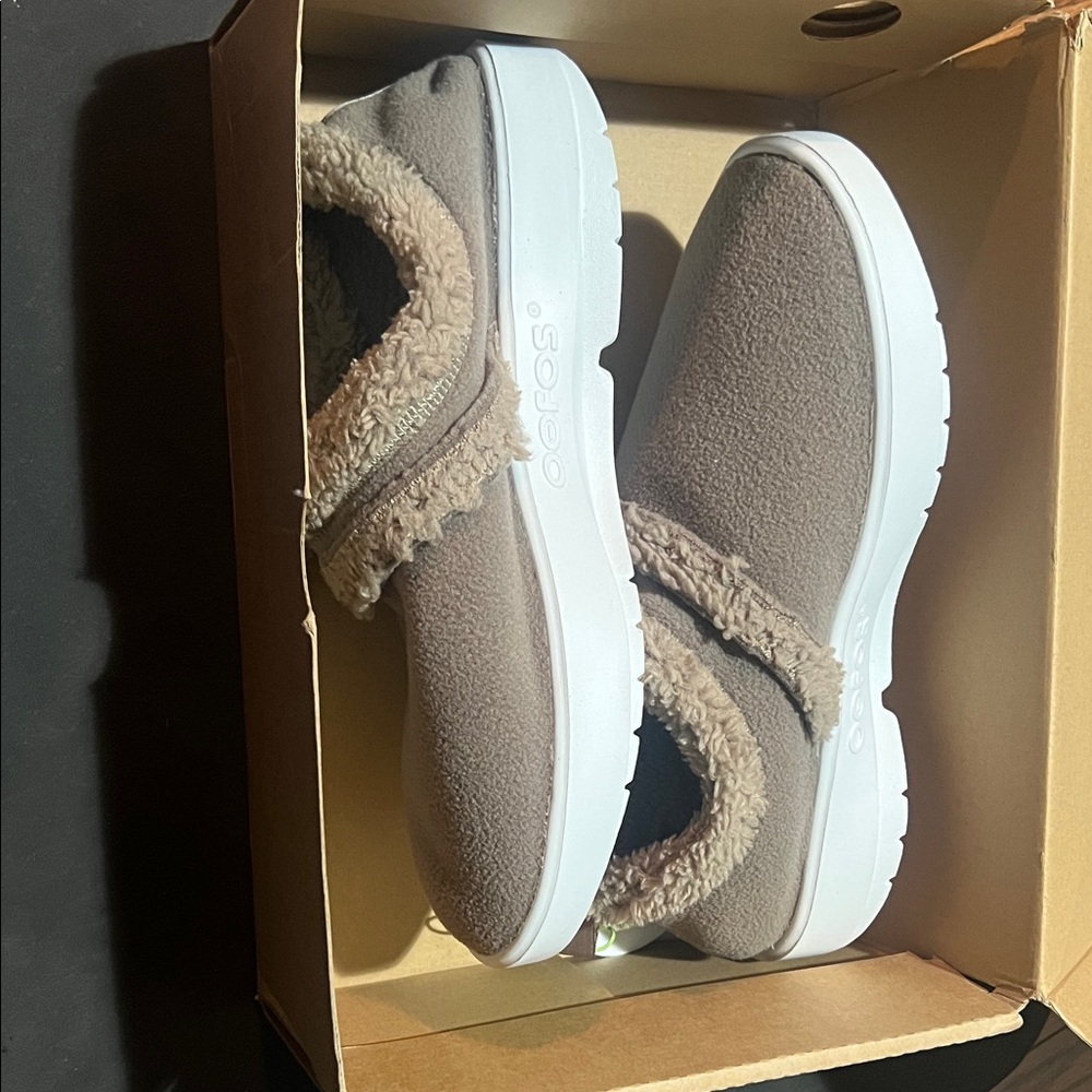 OOFOS Brown and White Slip-On Shoes